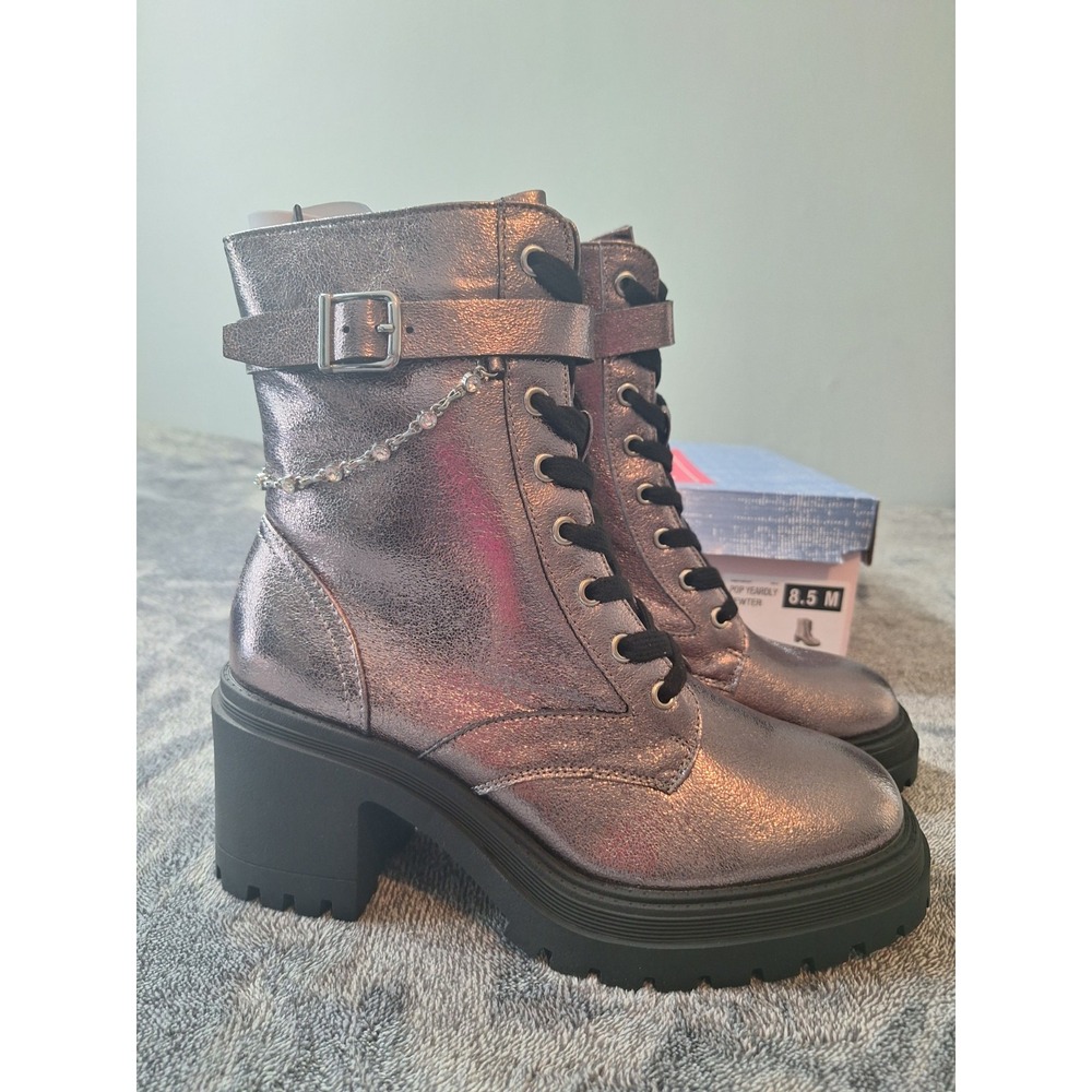 Pop Bronze Pewter Combat Boots Womens 8.5 Vegan Rhinestone Lug Sole